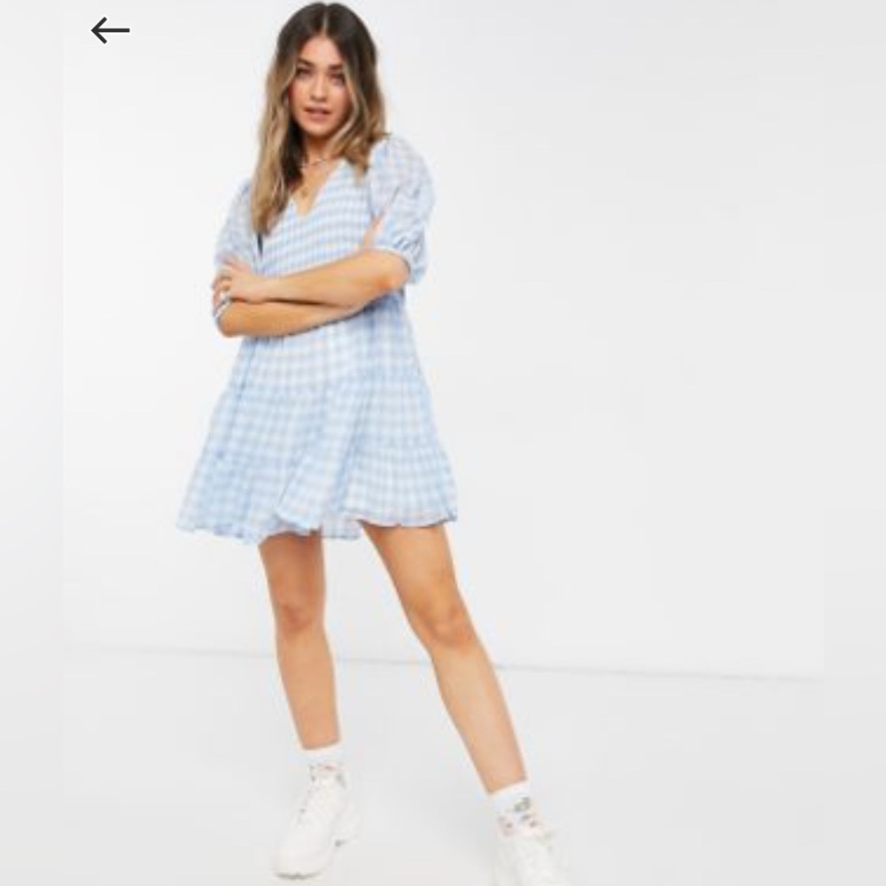 ASOS DESIGN shirred mini tiered smock dress in blue gingham